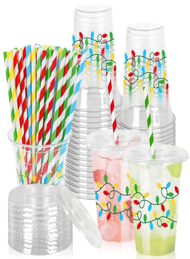 JarThenaAMCS أكواب بلاستيكية من JarThenaAMCS، 50 قطعة، مع أغطية وماصات، مزينة بأضواء عيد الميلاد الملونة، سعة 12 أونصة، باللون الأحمر والأخضر والأصفر والأزرق، أكواب للاستخدام مرة واحدة لعيد الميلاد والشتاء - Image 1